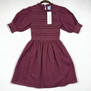 Hill House Home Dress Womens XXS The Vivi Smocked Nap Burgundy Shadow Stripe